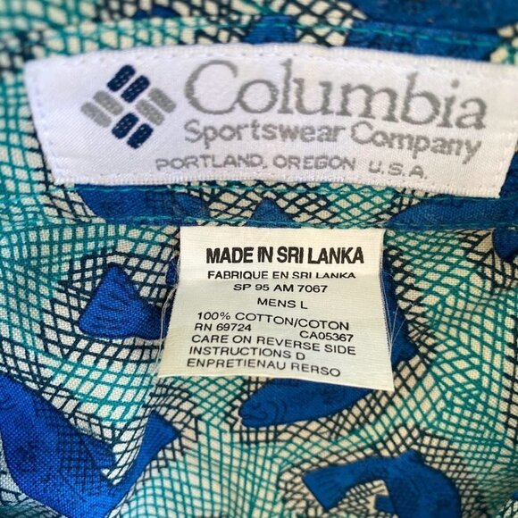 Vintage Columbia Fishing Button Down Shirt Print Fish Turquoise Blue, Large - Picture 5 of 5